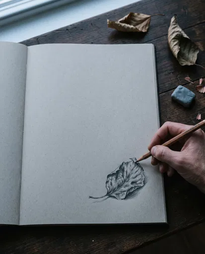 Artist Sketching Autumn Leaf in Sketchbook