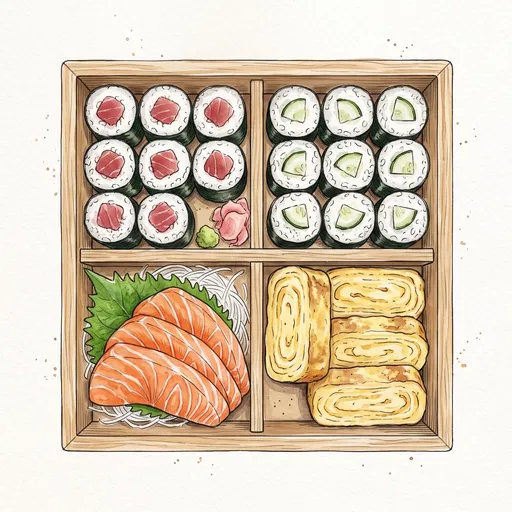 Watercolor Illustration of Sushi Bento Box