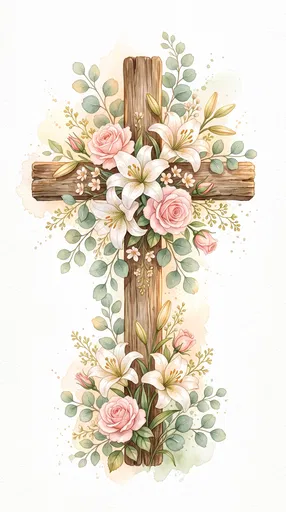 Watercolor Wooden Cross With Lilies and Roses