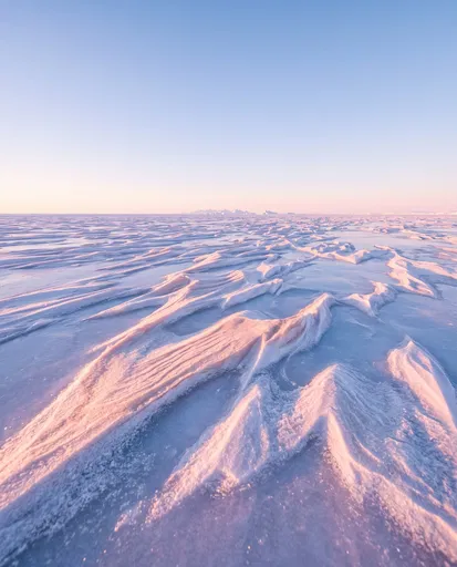 Pink Alpenglow on Frozen Glacial Sastrugi Ridges