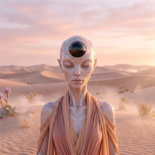 Serene Alien Figure in Pastel Desert