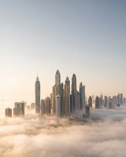 City Skyscrapers Rising Above Morning Fog