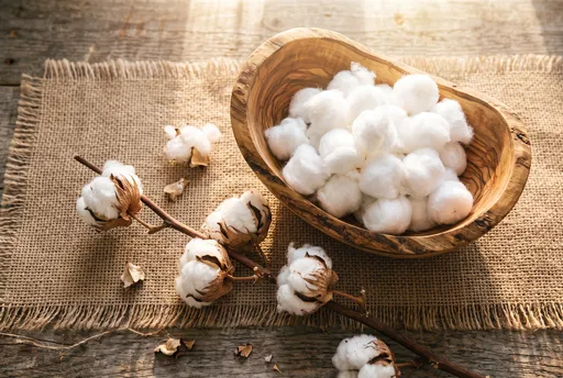 Cotton Balls in Rustic Wooden Bowl