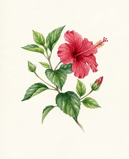 Botanical Watercolor Illustration of Red Hibiscus