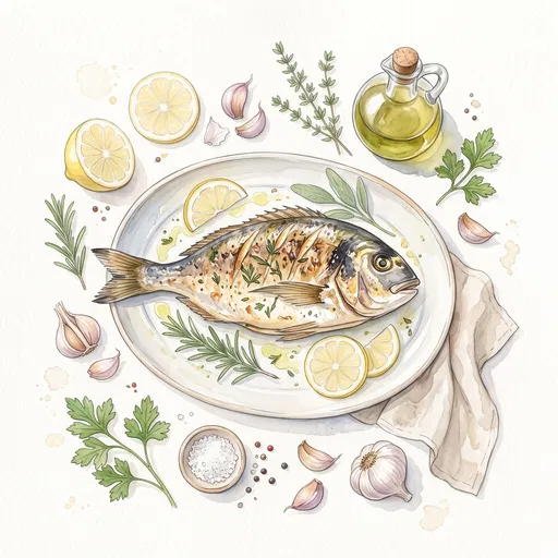 Watercolor Illustration of Cooked Dorado Fish