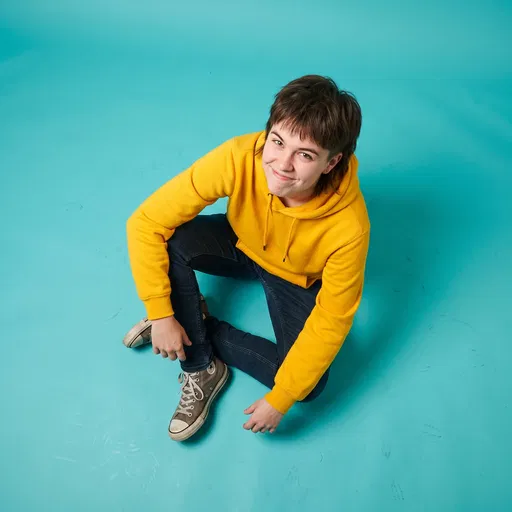 Young Person in Yellow Hoodie on Turquoise Floor