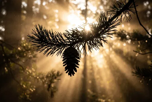 Backlit Pine Bough and Cone Silhouette