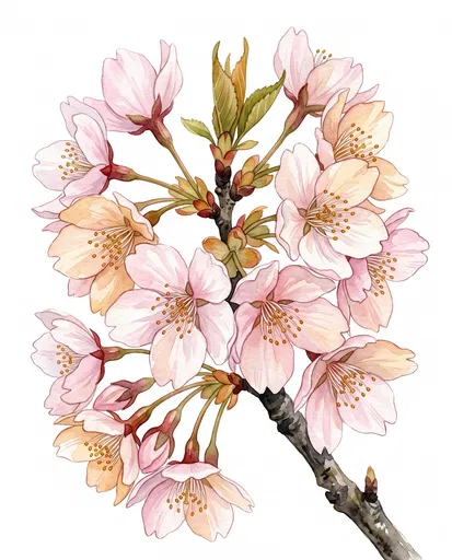 Watercolor Cherry Blossom Cluster Illustration