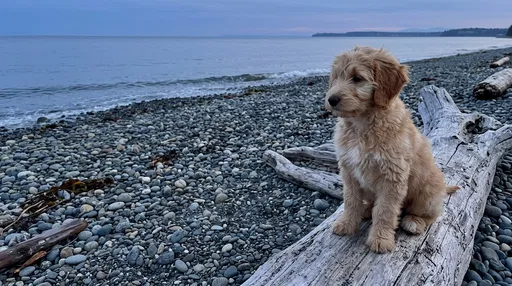 Golden Labradoodle Puppy on Beach Driftwood