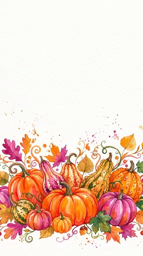 Watercolor Autumn Pumpkins and Leaves Background