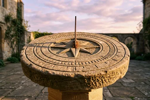 Sandstone Sundial with Compass Rose at Sunset