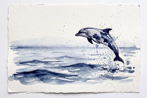 Indigo Ink and Watercolor Jumping Dolphin Illustration