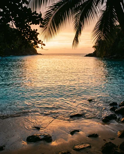 Golden Sunset Over Secluded Tropical Cove