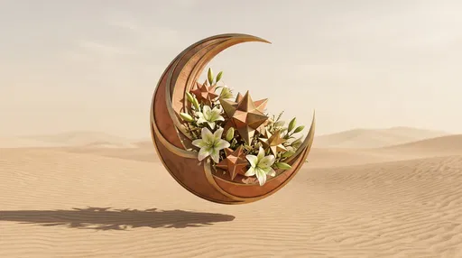 Floating Crescent Moon With Lilies in Desert