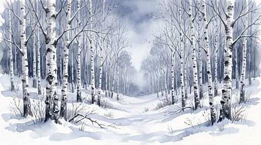 Watercolor Winter Birch Tree Forest Path
