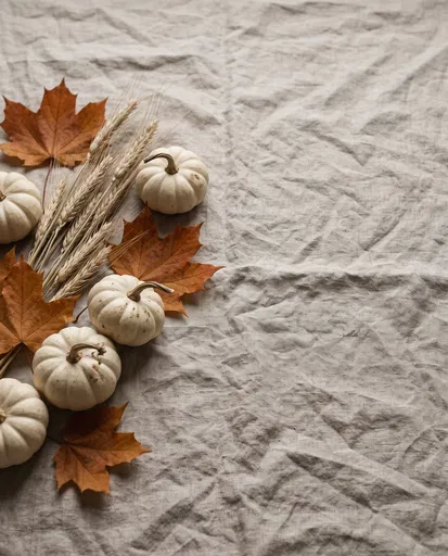 White Pumpkins and Autumn Leaves on Linen