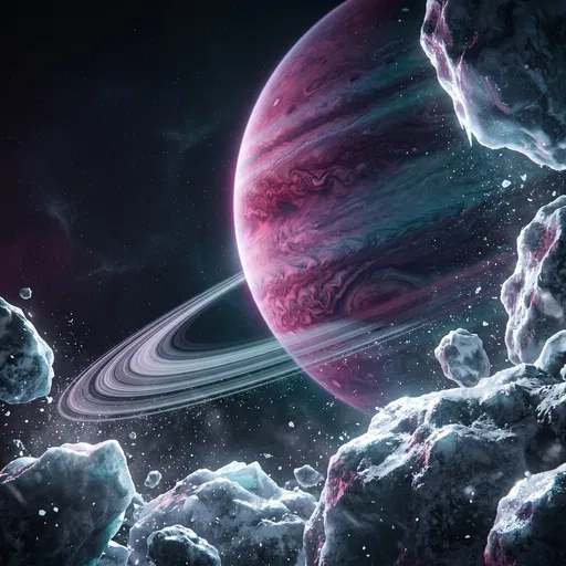 Magenta Ringed Planet Beyond Icy Asteroids