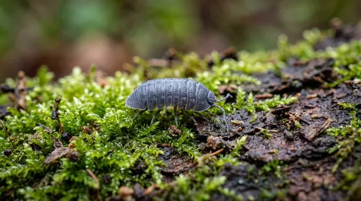 Gray Pill Bug on Damp Green Moss