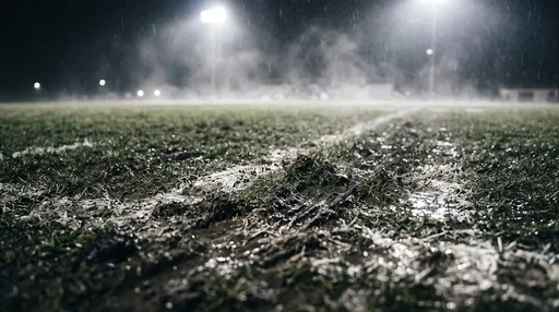Muddy Football Field Under Night Lights