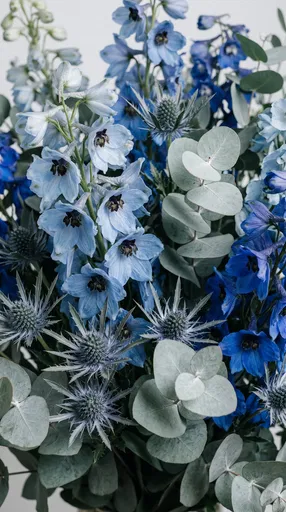Blue Delphinium and Eucalyptus Floral Bouquet
