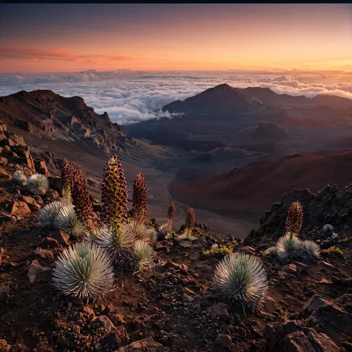 Blooming Haleakala Silversword Plants at Sunset