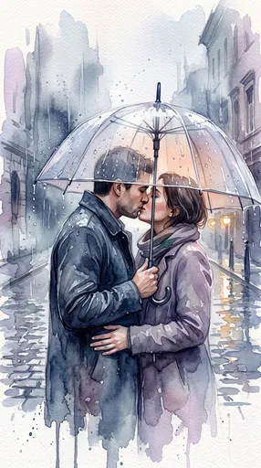 Watercolor Couple Kissing Under Umbrella