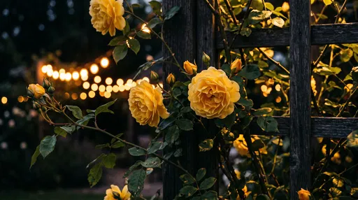 Yellow Roses on Evening Garden Trellis