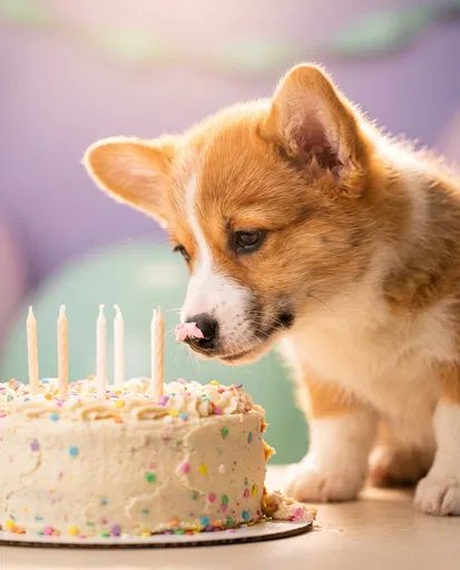 Corgi Puppy Sniffing Birthday Confetti Cake