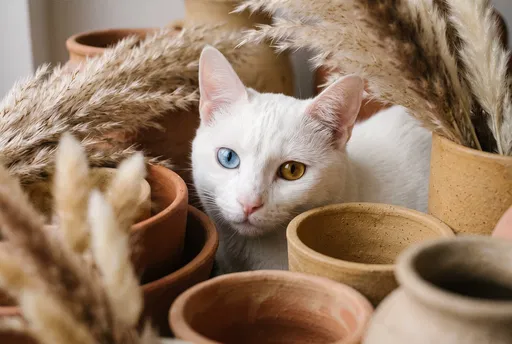 White Cat With Heterochromia Among Clay Pots