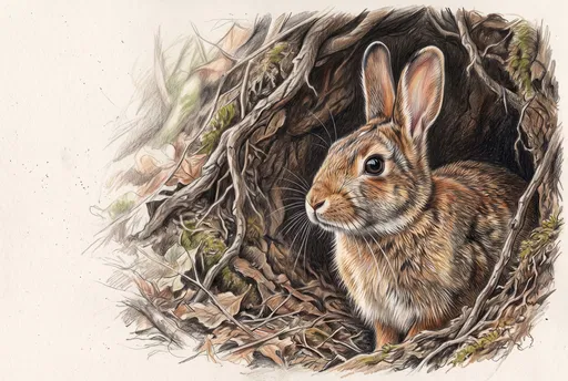 Colored Pencil Drawing of Rabbit in Burrow