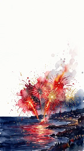 Watercolor Fireworks Over Coastal Bay