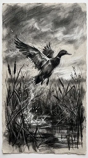 Charcoal Drawing of Mallard Taking Flight