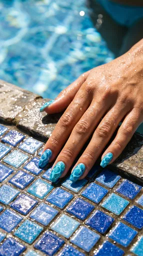 Blue Water Ripple Nail Art Poolside