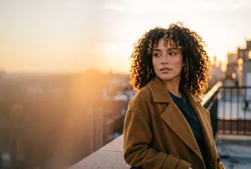 Woman with Curly Highlighted Hair at Sunset