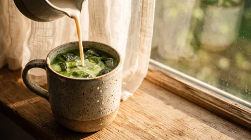Pouring Milk Into Iced Matcha Latte