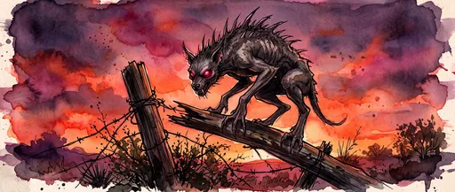 Watercolor Chupacabra on Wooden Fence at Dusk