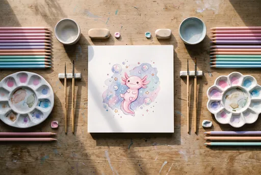 Pastel Watercolor Axolotl on Artist Desk