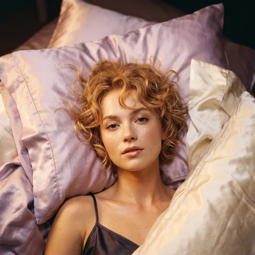 Woman With Curly Hair on Silk Pillows
