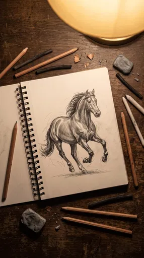 Sketchbook With Graphite Horse Drawing And Pencils