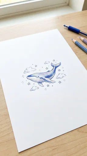 Whimsical Blue Whale Sketch on Paper