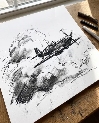 Charcoal Sketch of Vintage Propeller Plane