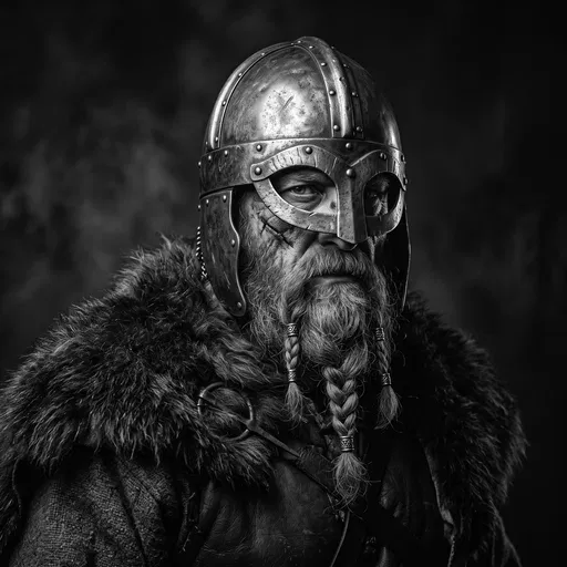Monochrome Portrait of Scarred Viking Chieftain