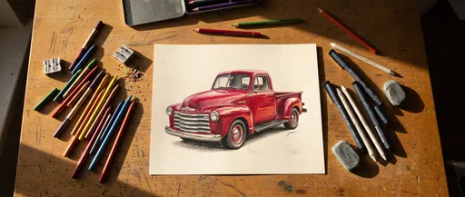 Red Pickup Truck Colored Pencil Drawing