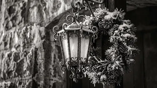 Frosted Wrought-Iron Lantern and Winter Wreath