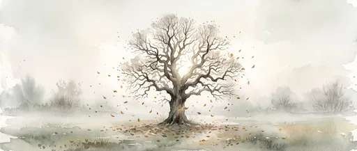 Watercolor Bare Oak Tree in Misty Meadow