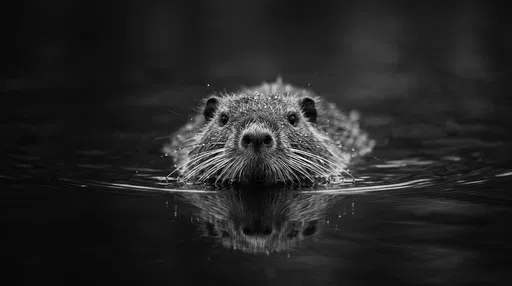Monochrome Nutria Swimming in Dark Calm Water