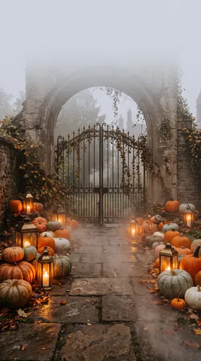 Foggy Autumn Courtyard Gate with Pumpkins