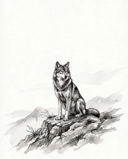 Monochrome Ink Illustration of Sitting Wolf