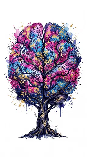 Watercolor Tree Forming Human Brain Silhouette