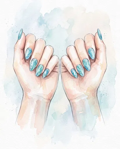 Watercolor Illustration of Blue Marble Nails
